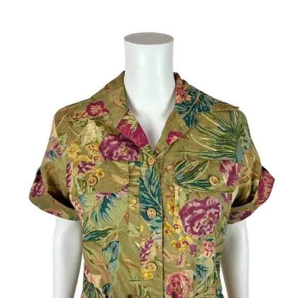 Vintage 70s Safari Dress Women's Medium Olive Hibiscus Floral Tea Length